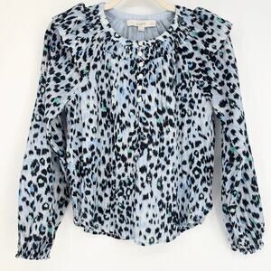 Loft Blue Animal Print Ruffle Collar Long Sleeve Textured Top Size XXSP